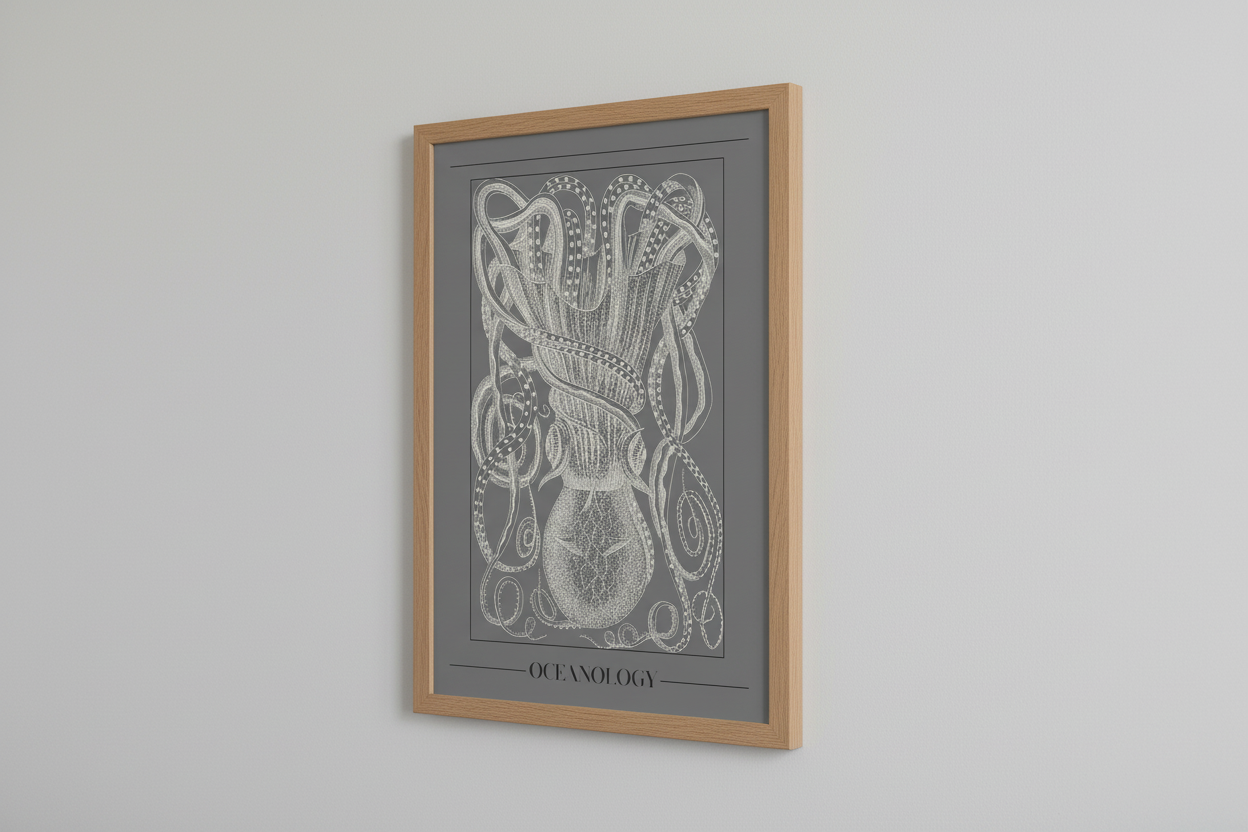 Oceanology artwork in modern wooden frame on wall
